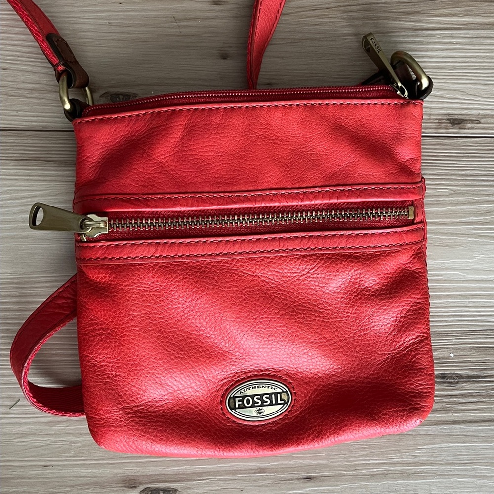 Fossil Coral Red Leather Crossbody Bag